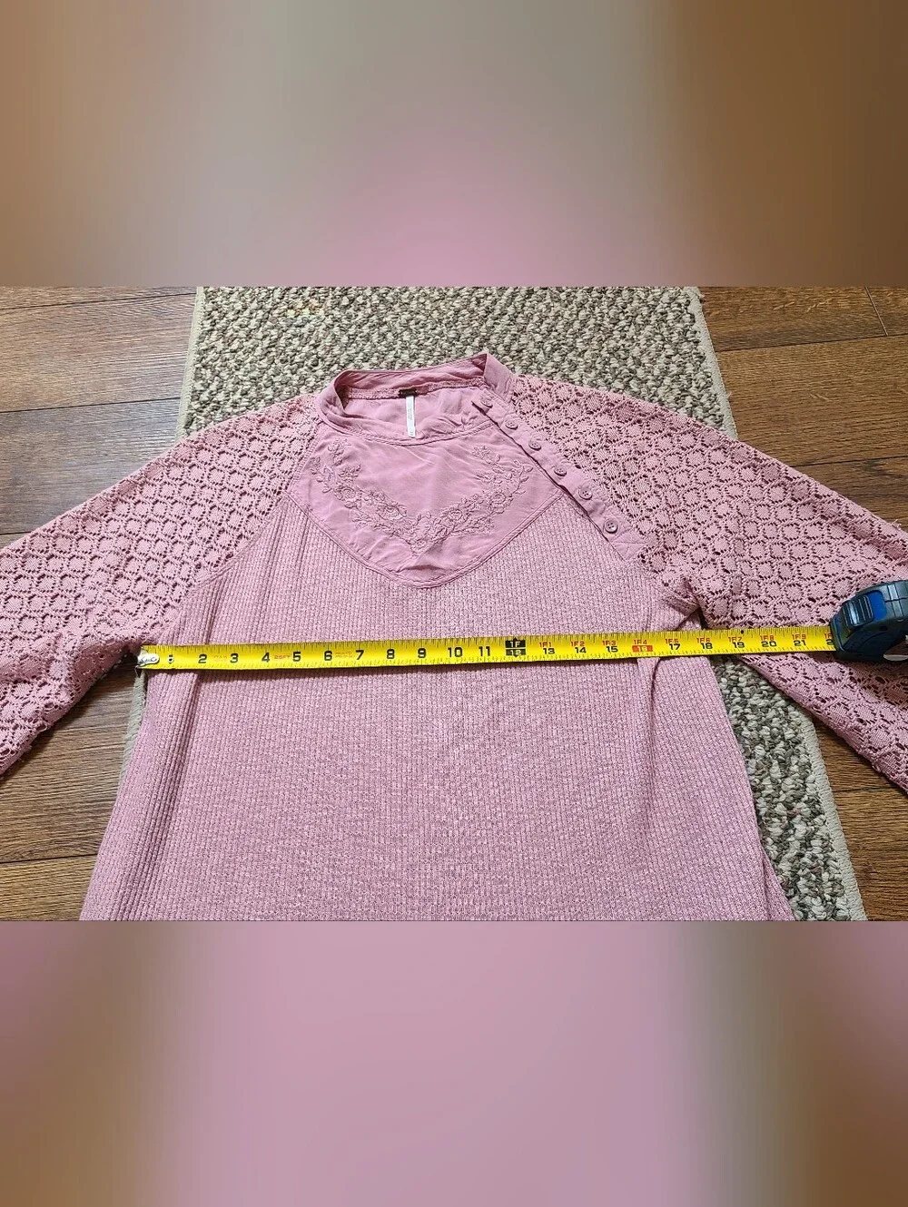 Free People Sweetest Thing Lace Sleeve Embroidered Thermal Top Med